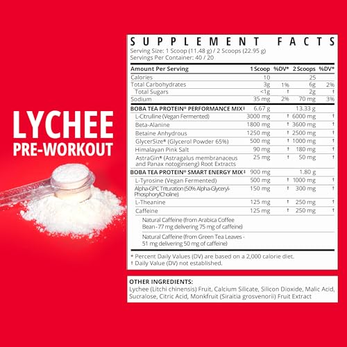 Boba Tea Pre-Workout Powder for Men and Women | Lychee Flavor | 125-250mg Caffeine | Real Ingredients | 20-40 Servings