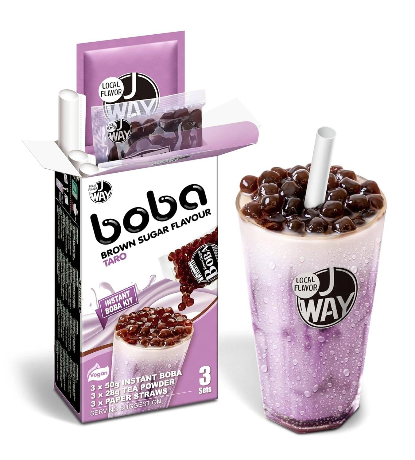 J WAY Instant Boba Bubble Pearl Taro Milk Tea Kit for Busy Professionals - Under 1 Minute Prep, Brown Sugar Tapioca Boba