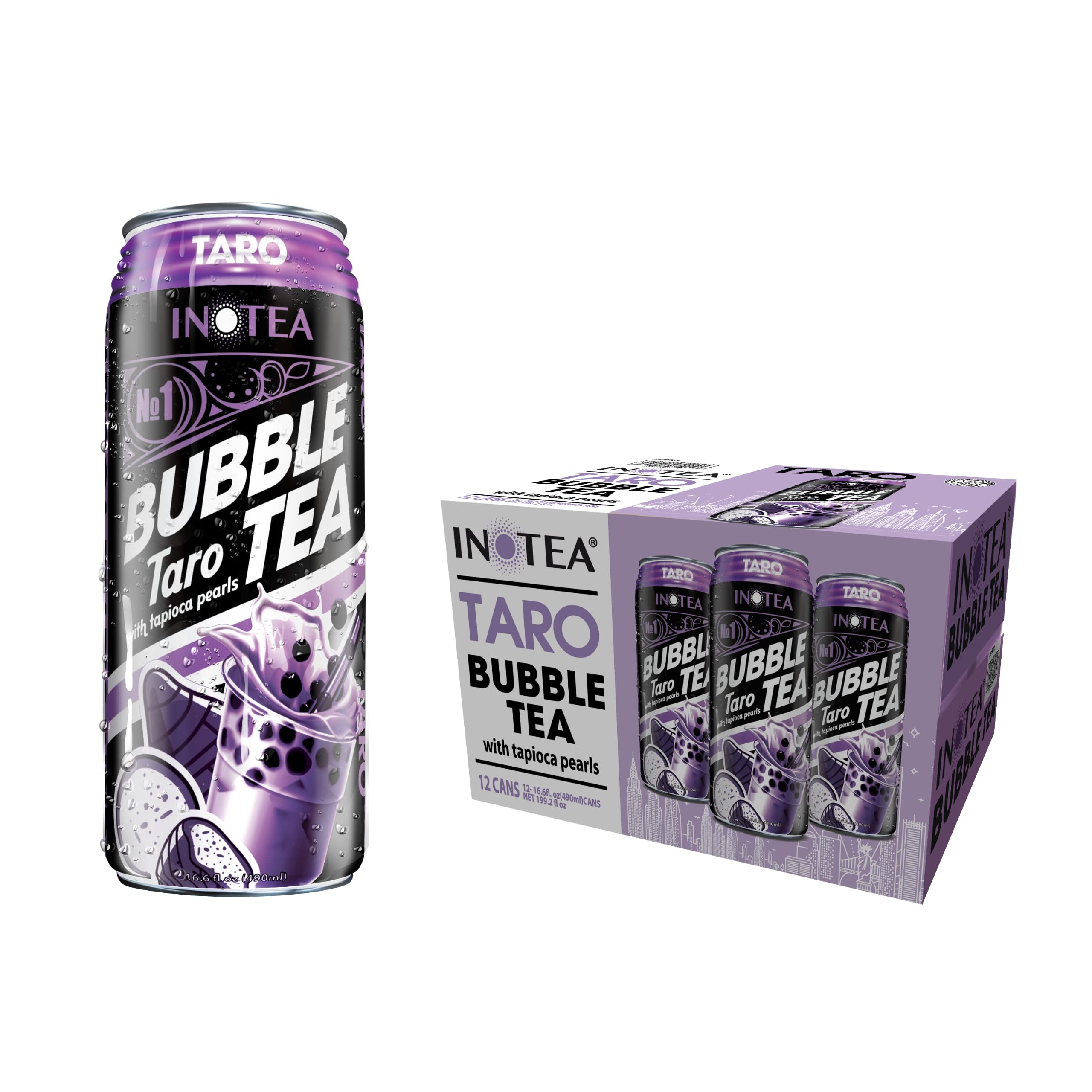INOTEA Bubble Tea: Taro Flavor, Ready to Drink in a Can (16.6oz/can), Great for Office Work | (Pack of 12) Brown Sugar,