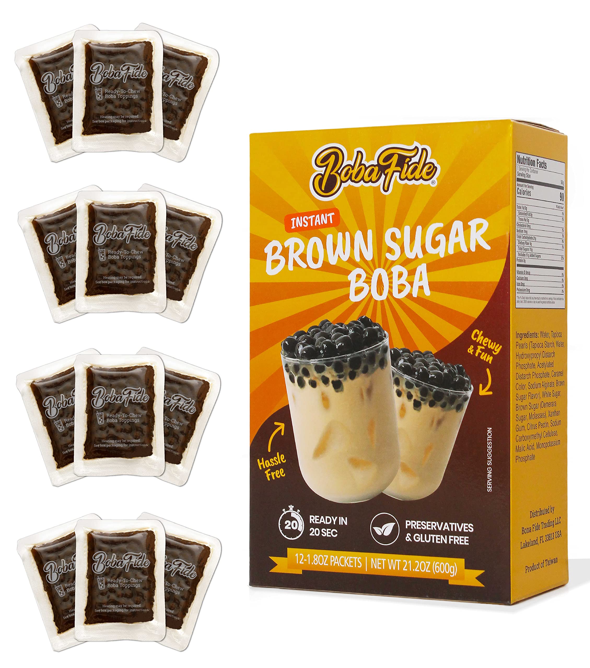 BOBA FIDE Instant Brown Sugar Boba for Bubble Tea, 12 Microwavable Packets, Gluten Free & Vegan