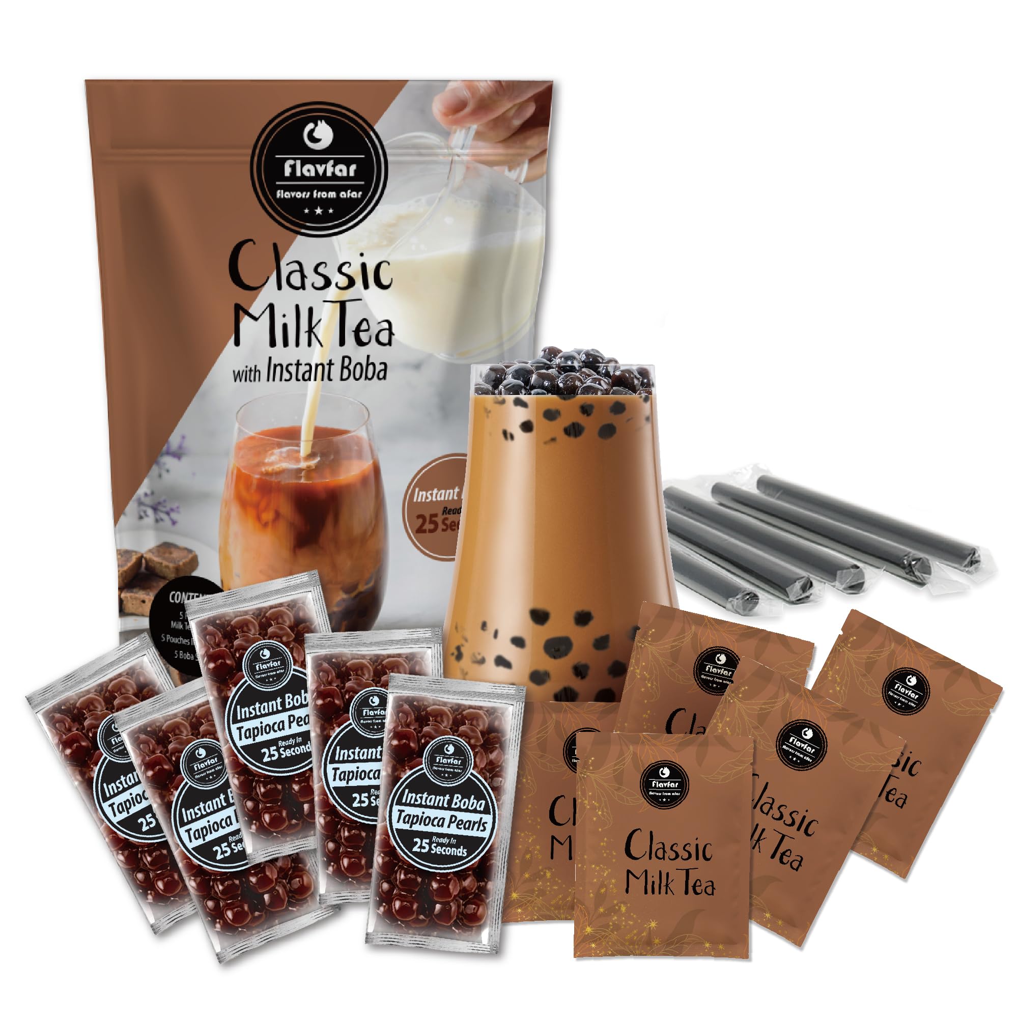 Flavfar Instant Boba Bubble Pearl Milk Tea Kit | Ready in 25 Seconds | Ultimate Gift for Bubble Tea Lovers - 5 Servings
